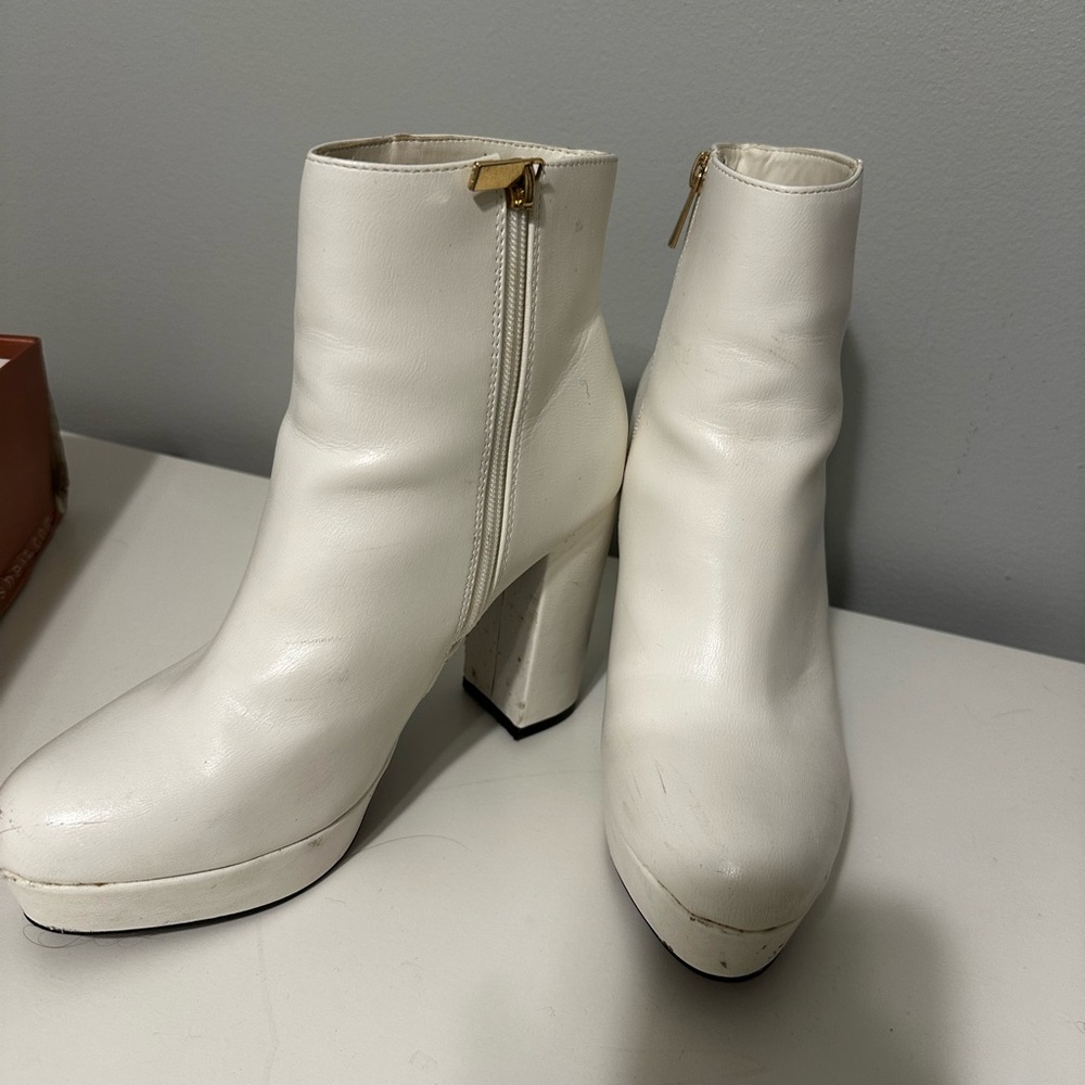SHEIN White Faux Leather Platform Block Heel Ankle Boots